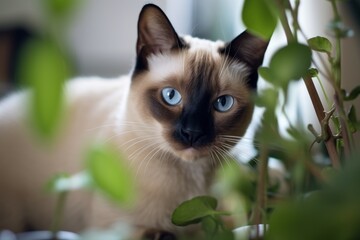 Environmental portrait photography of a cute siamese cat eating against an indoor plant. With generative AI technology