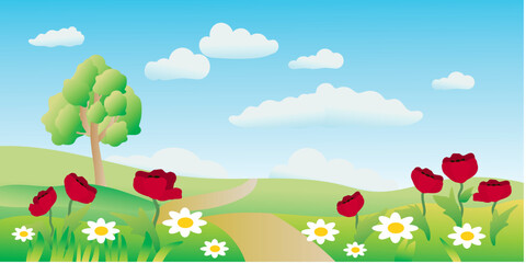 Summer green landscape with chamomile poppies flowers and sun vector illustration.