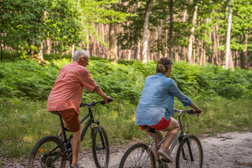 Back view of the senior father and his daughter walking with their bicycles