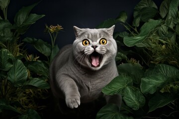 Studio portrait photography of a happy scottish fold cat pouncing against an indoor plant. With generative AI technology