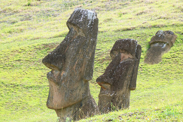Group of Abandoned Massive Moai statues on Rano Raraku volcano, the historic Moai quarry on Easter Island of Chile, South America