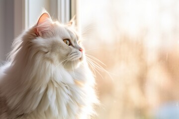 Medium shot portrait photography of a cute persian cat tail wagging against a bright window. With generative AI technology