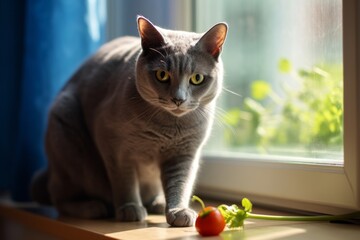 Full-length portrait photography of a happy russian blue cat eating against a bright window. With generative AI technology