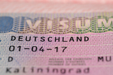 close-up part of page of document, foreign passport for travel with German visa, tourist schengen visa stamp with hologram with shallow depth of field, passport control at border, travel in Europe