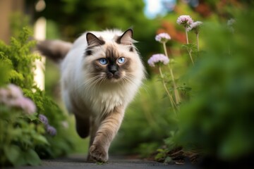 Environmental portrait photography of a cute ragdoll cat hopping against a garden backdrop. With generative AI technology
