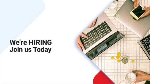 we re hiring, join us today - text animation with white background and image of working desk