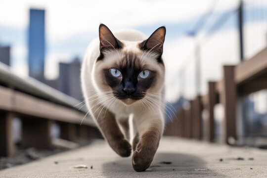 Headshot portrait photography of a smiling siamese cat pouncing against an urban cityscape. With generative AI technology