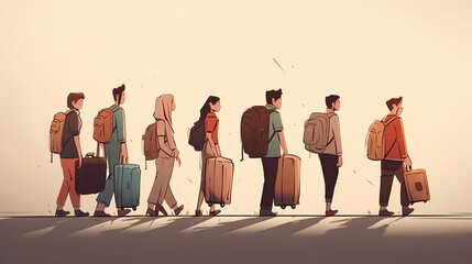 Refugees People With Luggage Walking In A Row, Generative ai