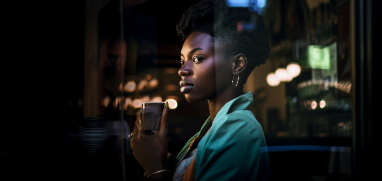 black girl reflected behind a coffee shop window image ai generate