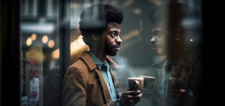 African ethnicity guy reflected behind a coffee shop window image ai generate
