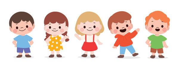 Obraz premium Cute kids characters vector set. Collection of kindergarten, girls, boys, children with different poses, happy, smile. Happy international children's day illustration for education, back to school.