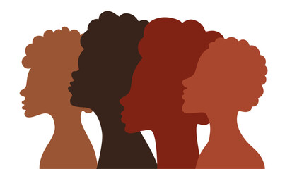 Fototapeta premium Heads in profile of black Africans men and women. Black history month. Identity concept, racial equality and justice. Racism, discrimination. Poster, greeting card, banner. Vector Illustration