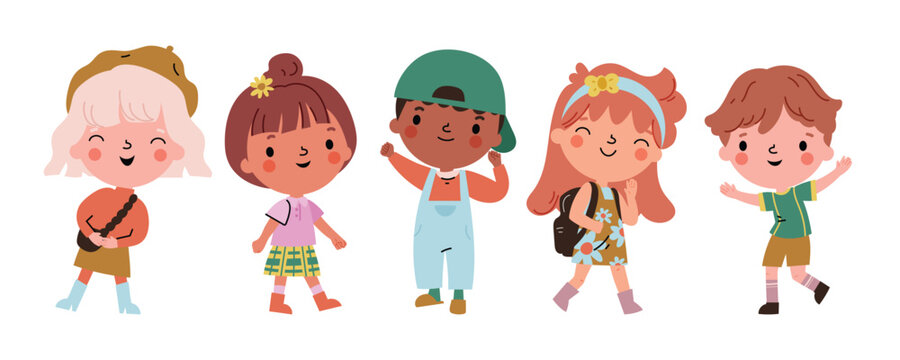 Cute kids characters vector set. Collection of kindergarten, girls, boys, children with different poses, happy, smile. Happy international children's day illustration for education, back to school.