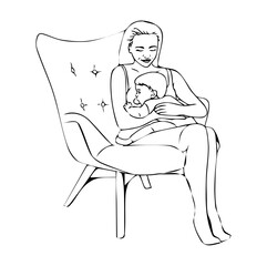 breastfeeding line art. Modern vector One line drawing of a young beautiful woman sitting comfortably in a chair and breastfeeding her little baby. the concept of love, care, support, protection.