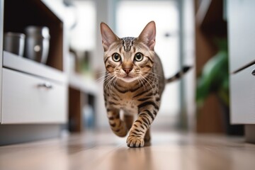Lifestyle portrait photography of a funny ocicat running against a modern kitchen setting. With generative AI technology
