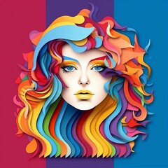portrait of a woman with multi-colored hair, paper style Generative AI