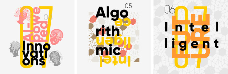 Artificial Intelligence. A set of vector illustrations. Posters with headings - AI-powered Innovations, Algorithmic Evolution, Intelligent Future.