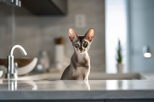 Environmental portrait photography of a smiling oriental shorthair cat eating against a modern kitchen setting. With generative AI technology