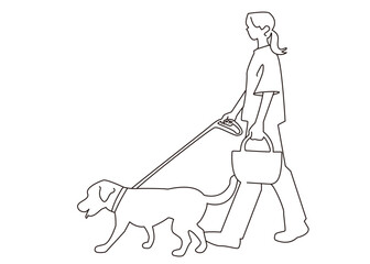 女性と散歩するラブラドール・レトリバー、飼い主と愛犬、ベクター線画素材