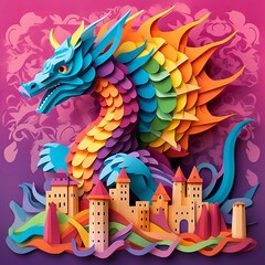 rainbow dragon on the background of the city, paper style Generative AI