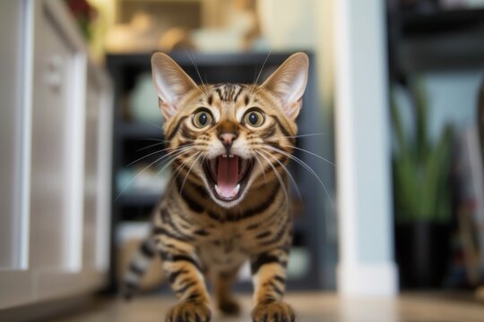 Medium shot portrait photography of a happy bengal cat meowing against a playful childrens room. With generative AI technology