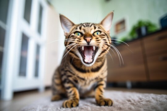Medium shot portrait photography of a happy bengal cat meowing against a playful childrens room. With generative AI technology
