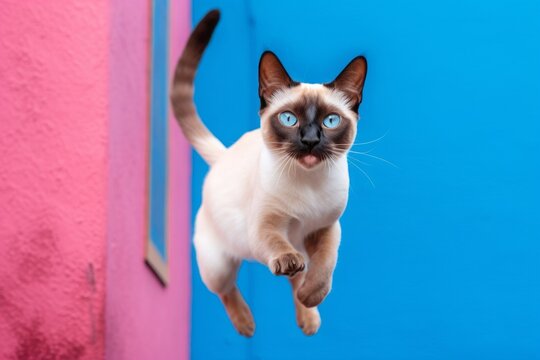 Full-length portrait photography of a curious siamese cat jumping against a vibrant colored wall. With generative AI technology