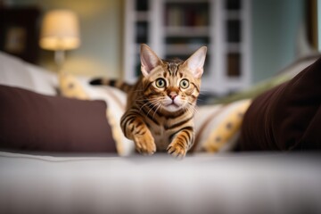 Lifestyle portrait photography of a curious bengal cat sprinting against a comfy sofa. With generative AI technology
