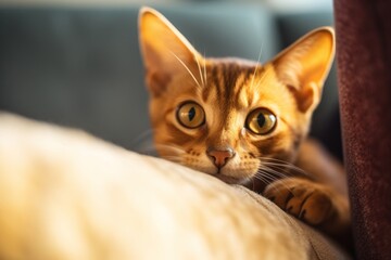 Fototapeta na wymiar Close-up portrait photography of a curious abyssinian cat wall climbing against a comfy sofa. With generative AI technology