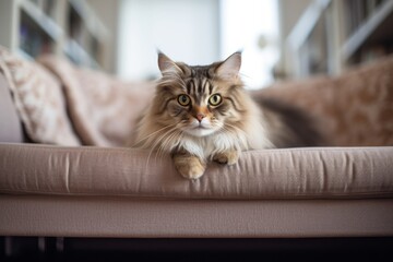 Full-length portrait photography of a curious siberian cat skulking against a comfy sofa. With generative AI technology