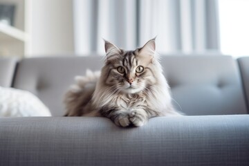 Full-length portrait photography of a curious siberian cat skulking against a comfy sofa. With generative AI technology