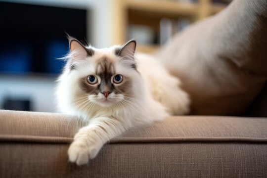Environmental portrait photography of a cute ragdoll cat climbing against a comfy sofa. With generative AI technology
