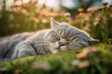 Lifestyle portrait photography of a cute scottish fold cat sleeping against a beautiful nature scene. With generative AI technology