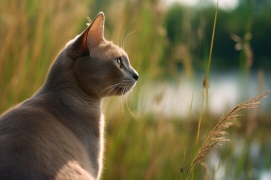 Environmental portrait photography of a curious burmese cat tail wagging against a beautiful nature scene. With generative AI technology