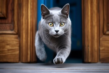Close-up portrait photography of a happy russian blue cat sprinting against a vintage-looking door. With generative AI technology
