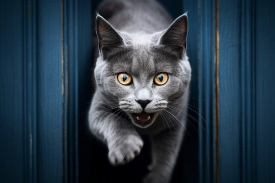 Close-up portrait photography of a happy russian blue cat sprinting against a vintage-looking door. With generative AI technology