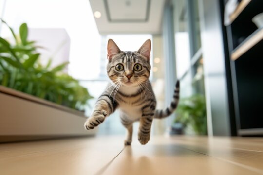 Lifestyle portrait photography of a cute american shorthair cat hopping against a stylish office space. With generative AI technology