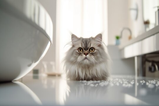 Conceptual portrait photography of a curious persian cat skulking against a sleek bathroom. With generative AI technology