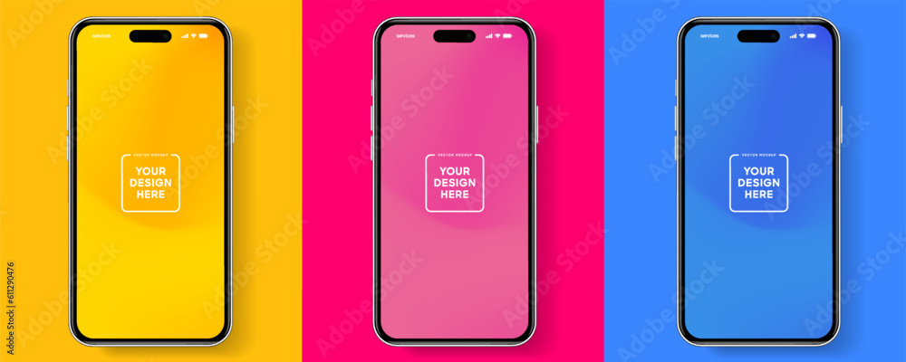 Poster 3D realistic high quality smartphone mockup with isolated background. Smart phone mockup collection. Device front view. 3D mobile phone with shadow on white background.