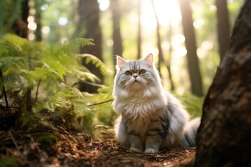 Naklejka na ściany i meble Environmental portrait photography of a cute persian cat back-arching against an enchanting forest. With generative AI technology
