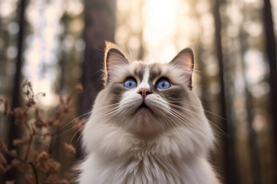 Medium shot portrait photography of a funny ragdoll cat whisker twitching against an enchanting forest. With generative AI technology