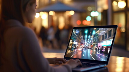 laptop  on street cafe table in evening city blurred light, urban life style ,generated ai