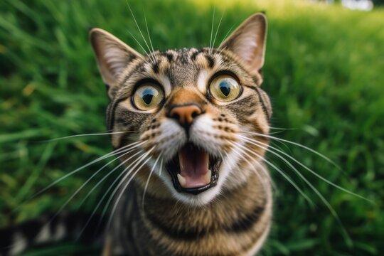 Headshot portrait photography of a funny american shorthair cat murmur meowing against a lush green lawn. With generative AI technology