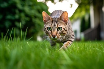 Lifestyle portrait photography of a cute ocicat hopping against a lush green lawn. With generative AI technology