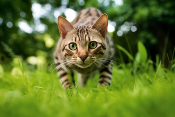 Naklejka na ściany i meble Lifestyle portrait photography of a cute ocicat hopping against a lush green lawn. With generative AI technology