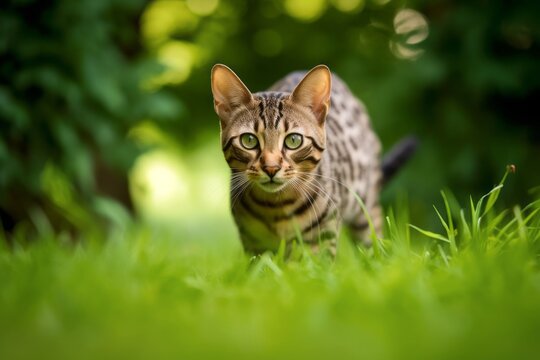 Lifestyle portrait photography of a cute ocicat hopping against a lush green lawn. With generative AI technology