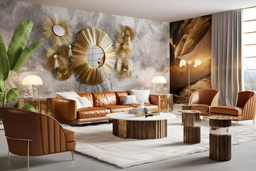 Art deco interior design of modern living room with brown leather sofa and armchairs against of stone wall. Created with generative AI