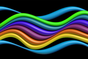 Bright wavy lines multicolored, grid, abstract dark background
