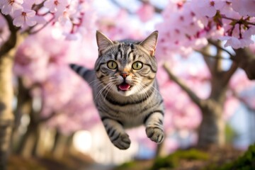 Fototapeta premium Headshot portrait photography of a curious american shorthair cat hopping against a blooming spring garden. With generative AI technology