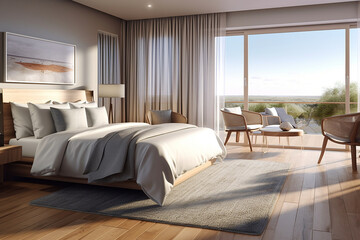 Modern bedroom, and living room in a contemporary house, with a 3D mockup canvas frame on the wall, Generated with AI